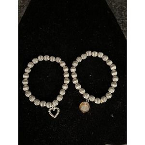 Pair of Silvertone Ribbed Ball Stretch Bracelets w/Charms Silver Heart & Bead